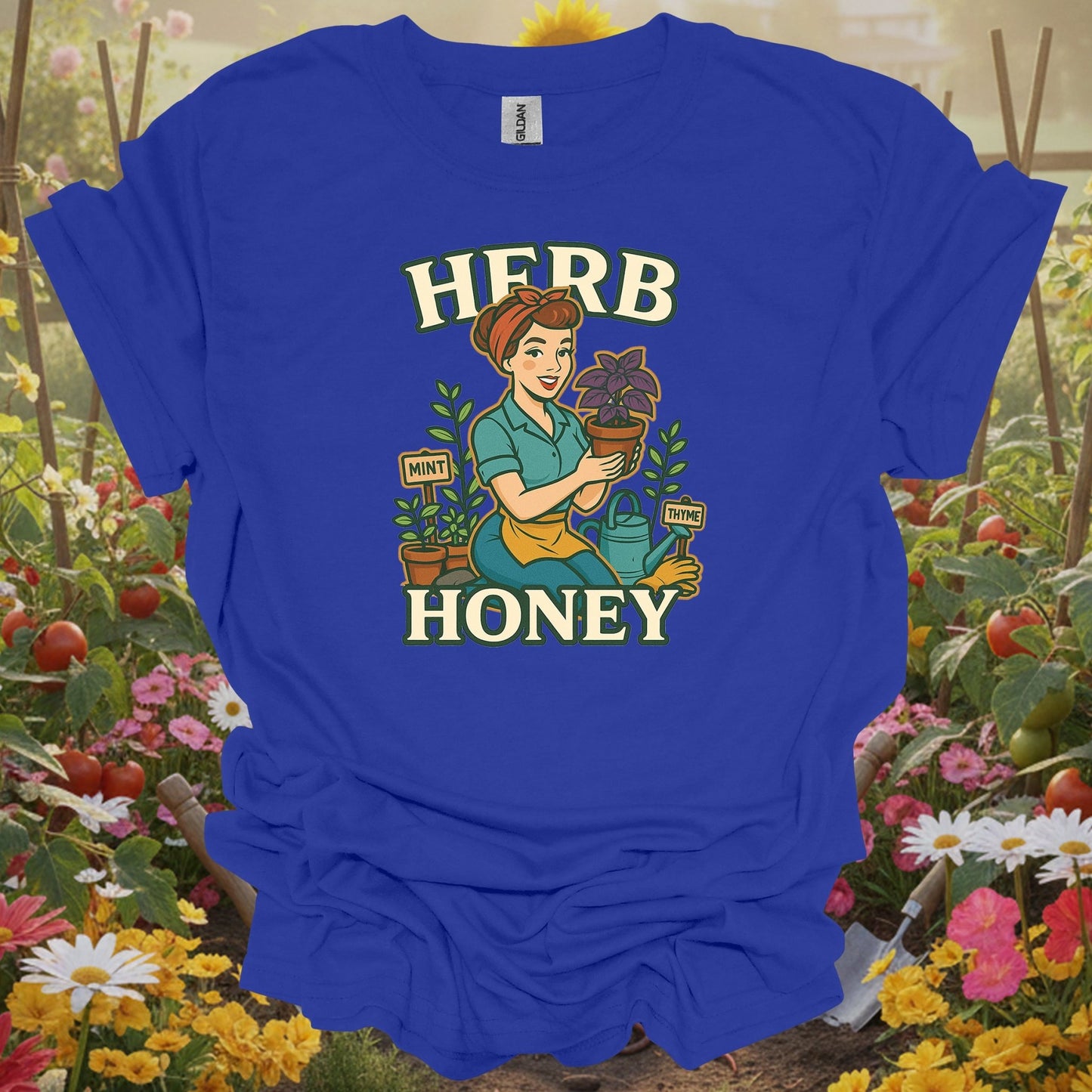 Royal tshirt showing retro herb honey pin-up gardener for people who love retro aesthetics