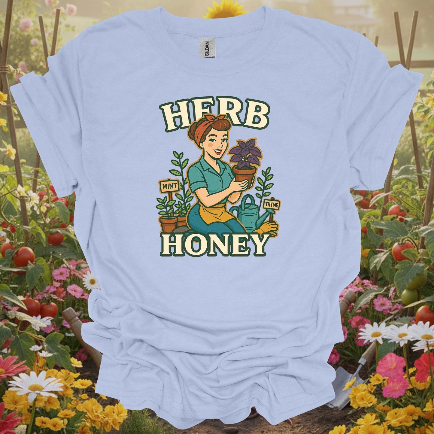 Light Blue shirt showing retro herb honey pin-up gardener for classic garden lovers