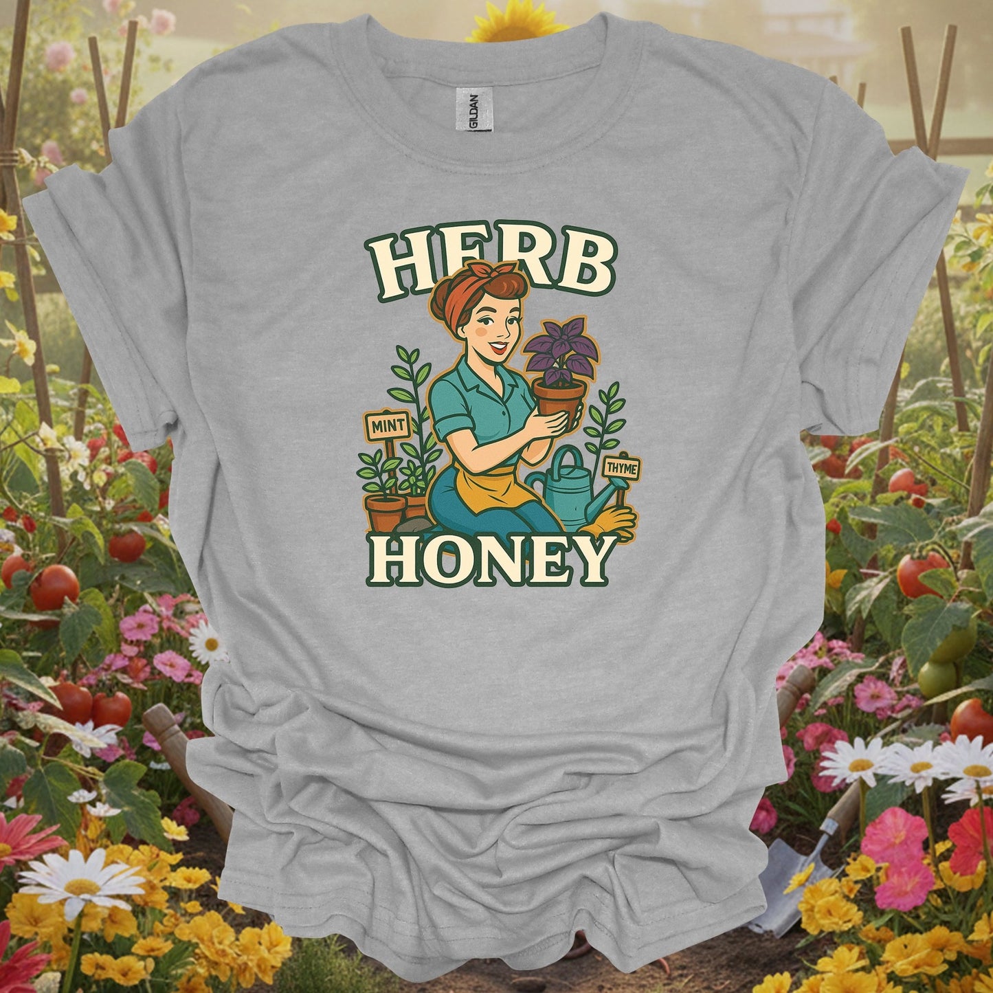 Sport gray tee showing retro herb honey pin-up gardener for traditional growers