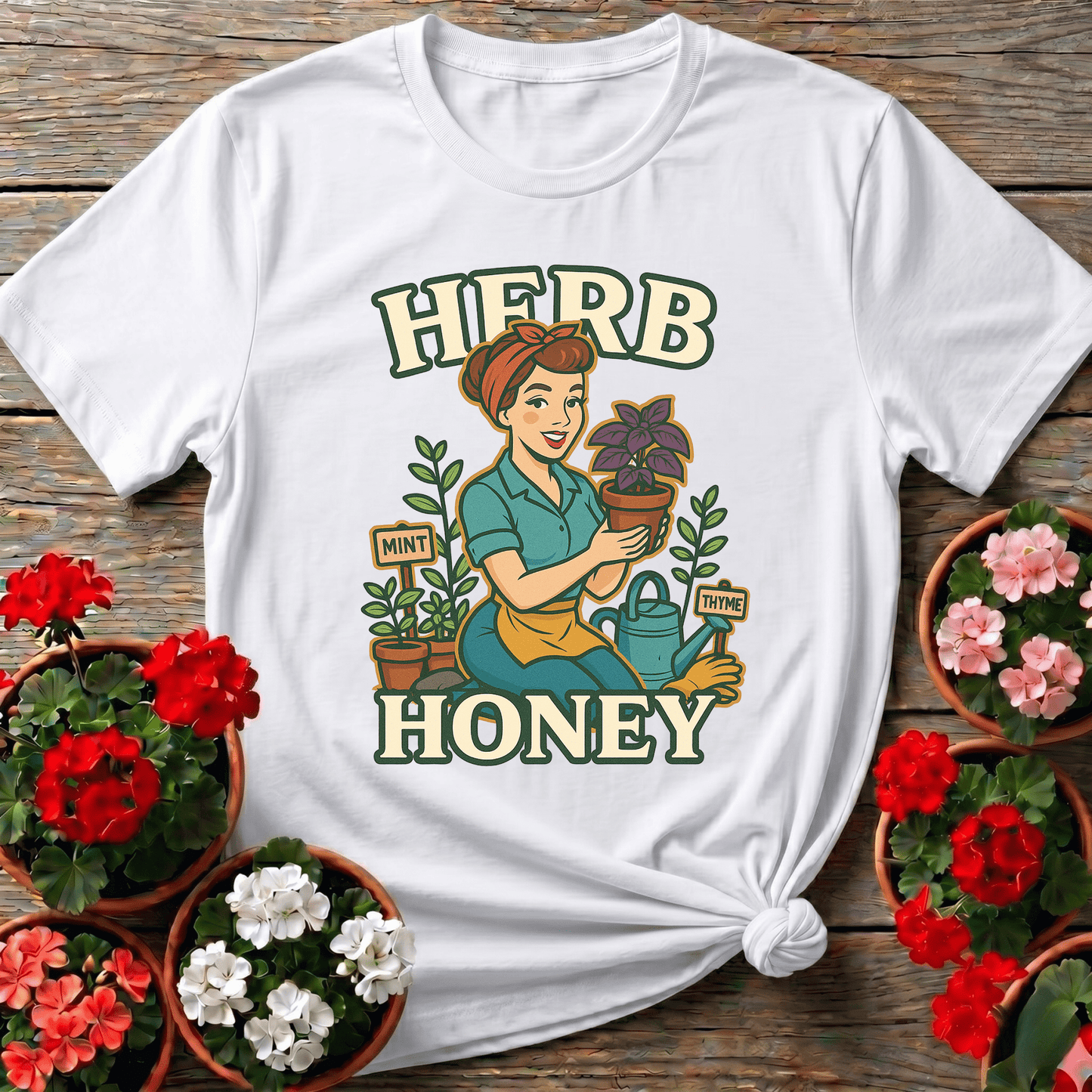 Herb Honey Retro Pin-Up Gardener T-shirt - GardeningTshirts