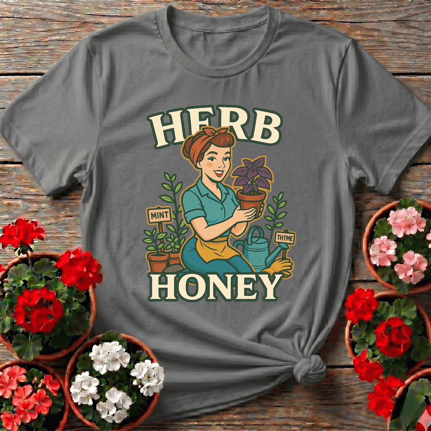 Herb Honey Retro Pin-Up Gardener T-shirt - GardeningTshirts