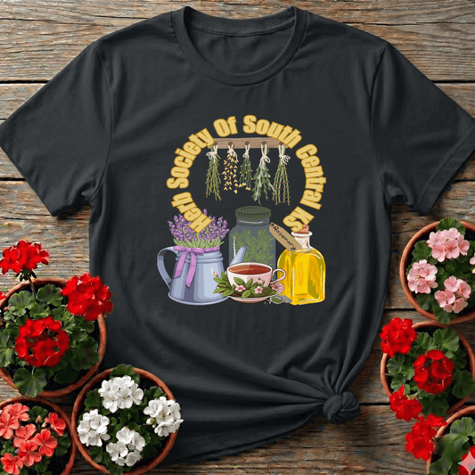 Black cottagecore apothecary gardening shirt for herb society members with dried herb rack and rosemary oil design