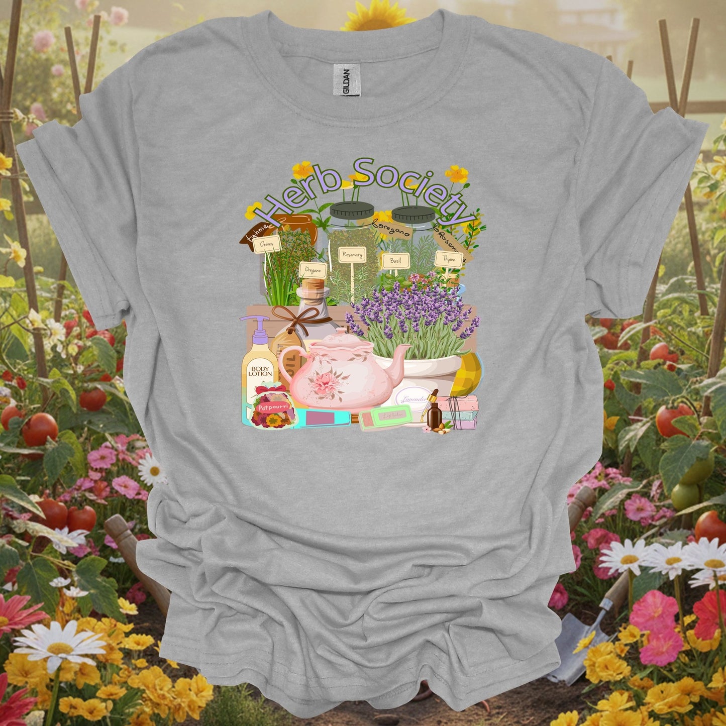 Sport Grey herb society vintage botanical gardening shirt with vintage apothecary herb jars for herb gardeners