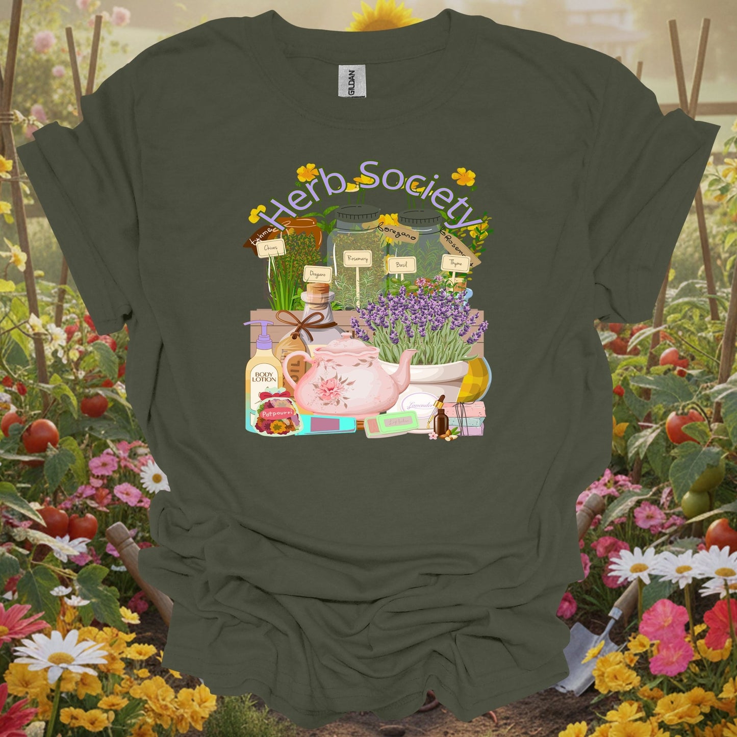 Military Green herb society vintage botanical gardening shirt with vintage apothecary herb jars for herb gardeners