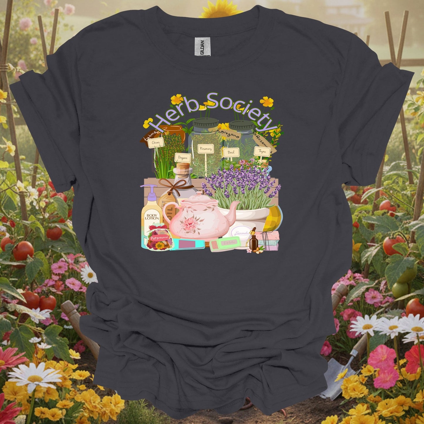 Charcoal herb society vintage botanical gardening shirt with vintage apothecary herb jars for herb gardeners, tea enthusiasts
