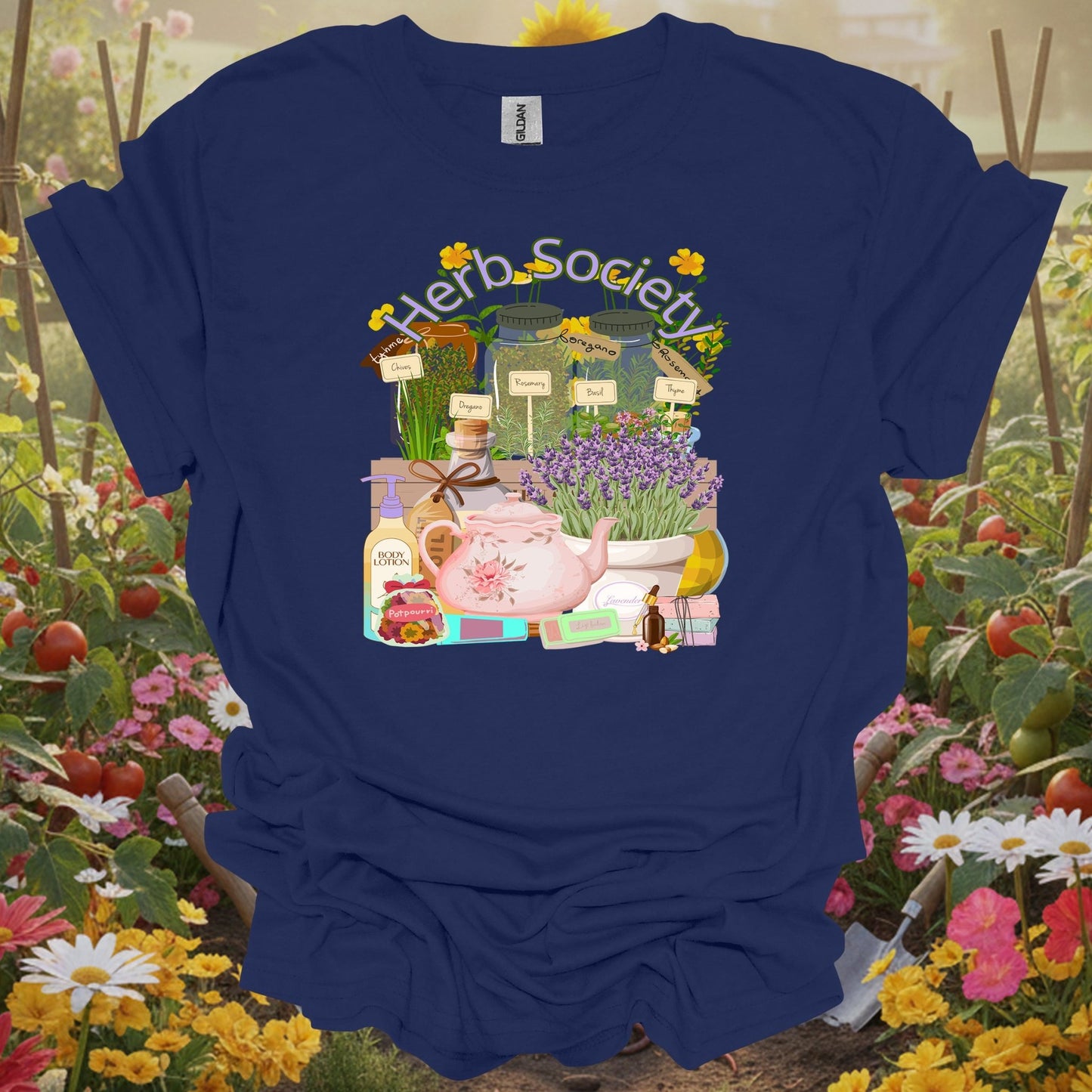 Navy herb society vintage botanical gardening shirt with vintage apothecary herb jars for herb gardeners, tea enthusiasts