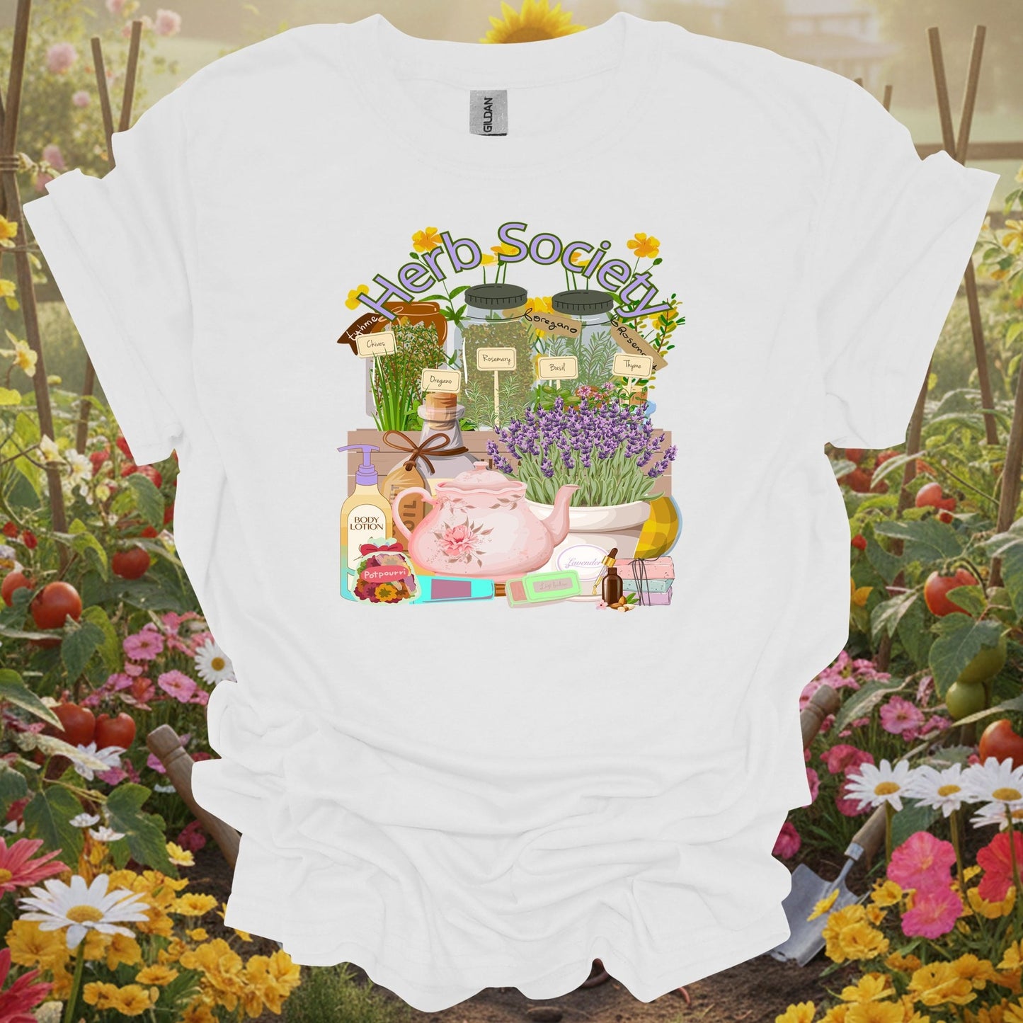 White herb society vintage botanical gardening shirt with vintage apothecary herb jars for herb gardeners, tea enthusiasts