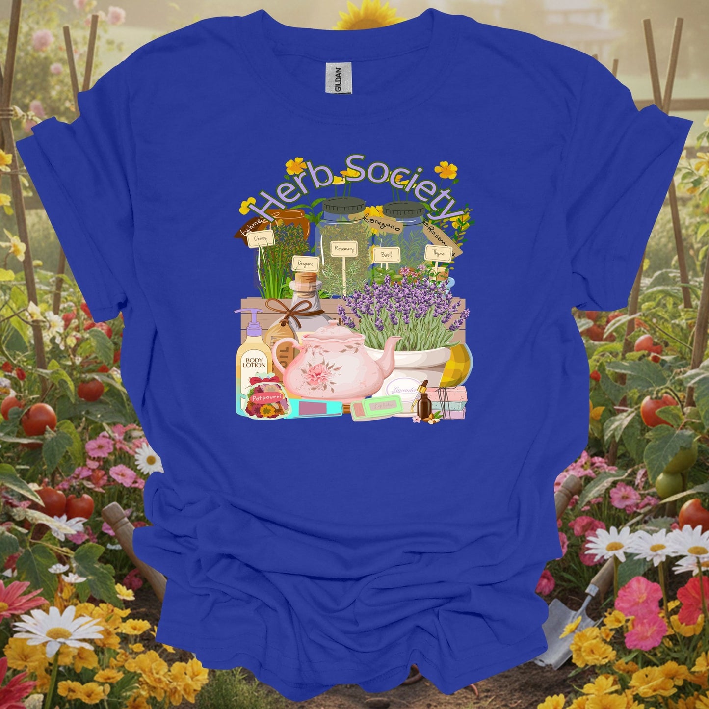 Royal herb society vintage botanical gardening shirt with vintage apothecary herb jars for herb gardeners, tea enthusiasts