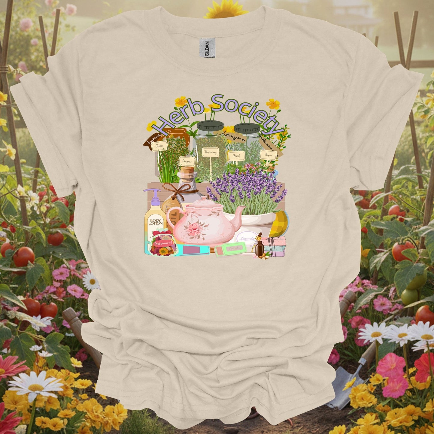 Natural herb society vintage botanical gardening shirt with vintage apothecary herb jars for herb gardeners, tea enthusiasts