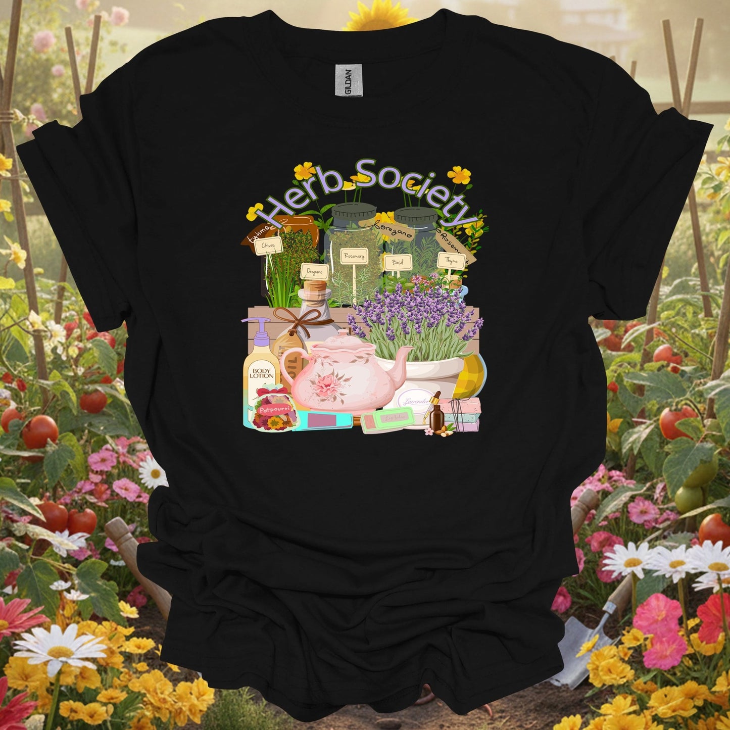 Black herb society vintage botanical gardening shirt with vintage apothecary herb jars for herb gardeners, tea enthusiasts