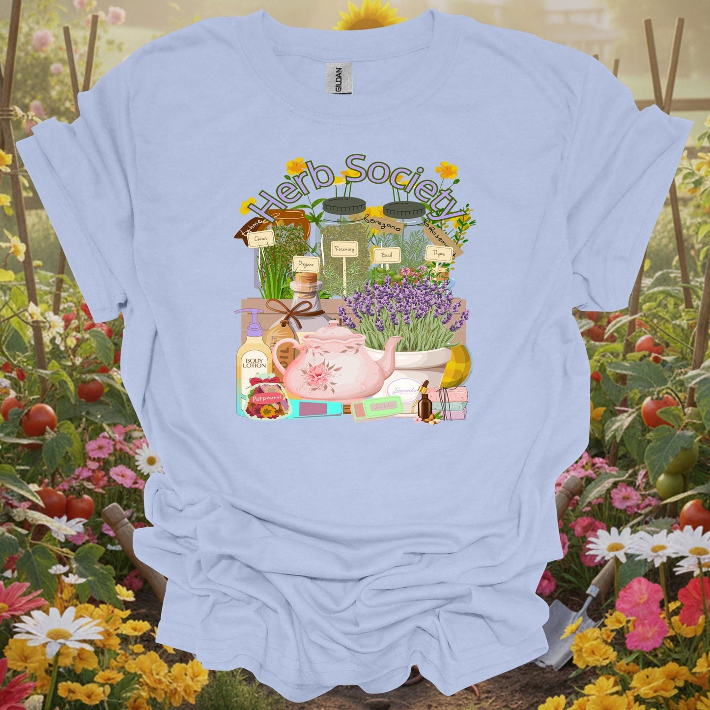 Light Blue herb society vintage botanical gardening shirt with vintage apothecary herb jars for herb gardeners