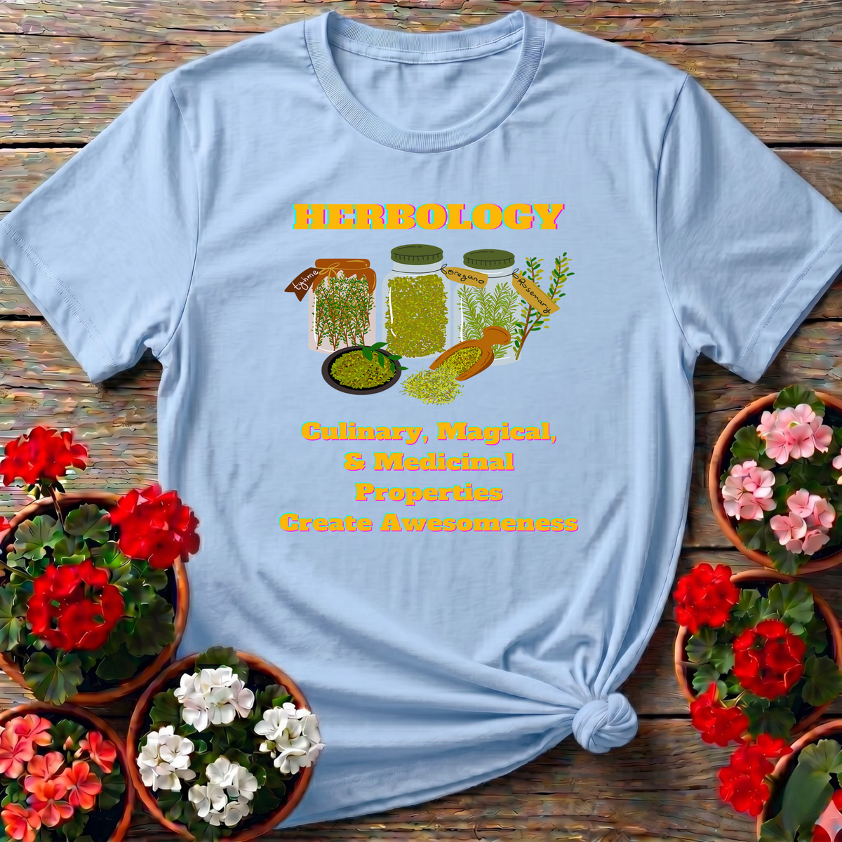 Light Blue playful cottage apothecary herbology shirt with illustrated herb jars for kitchen gardeners
