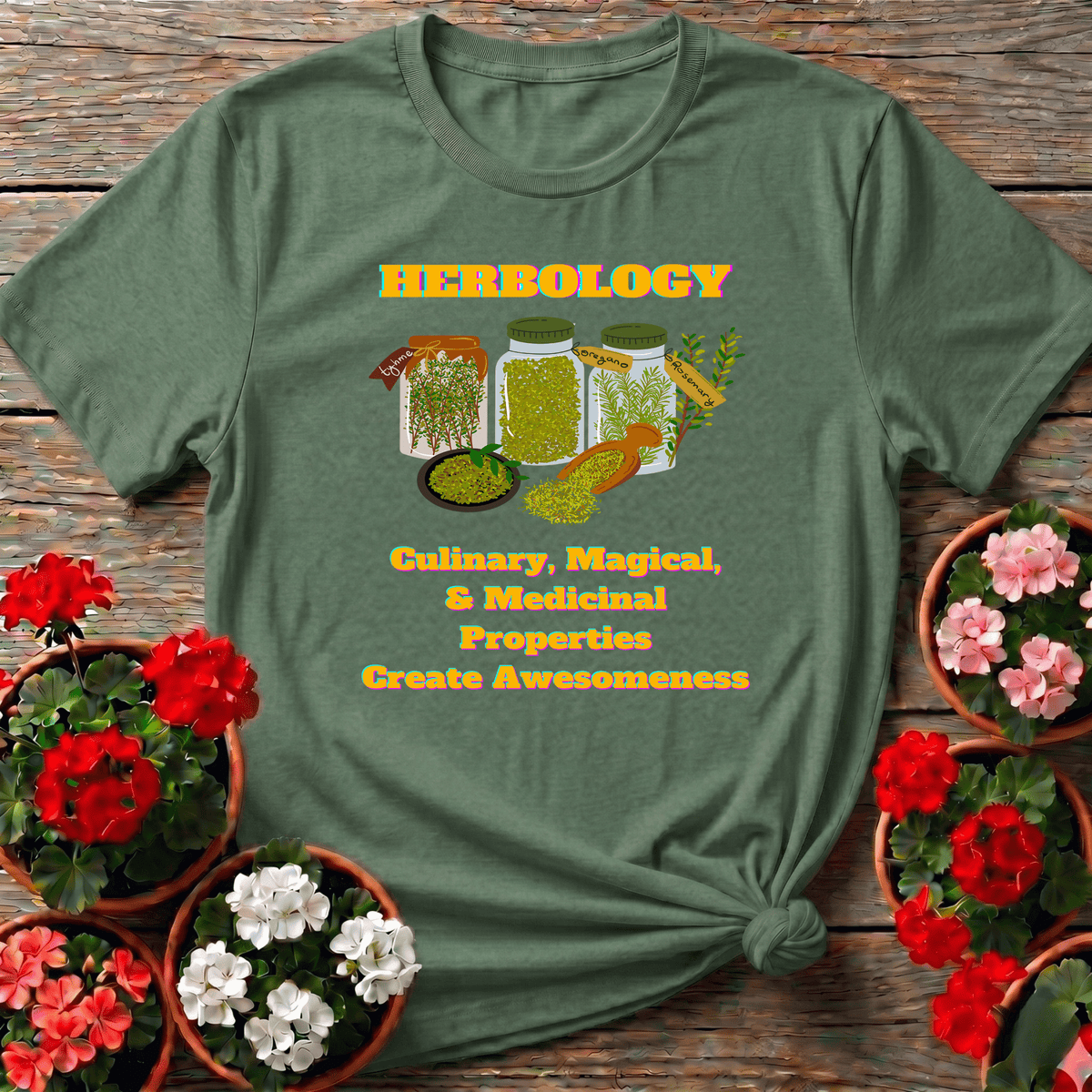 Military Green bold herb lover gardening tee with thyme oregano rosemary jar design for medicinal plant growers