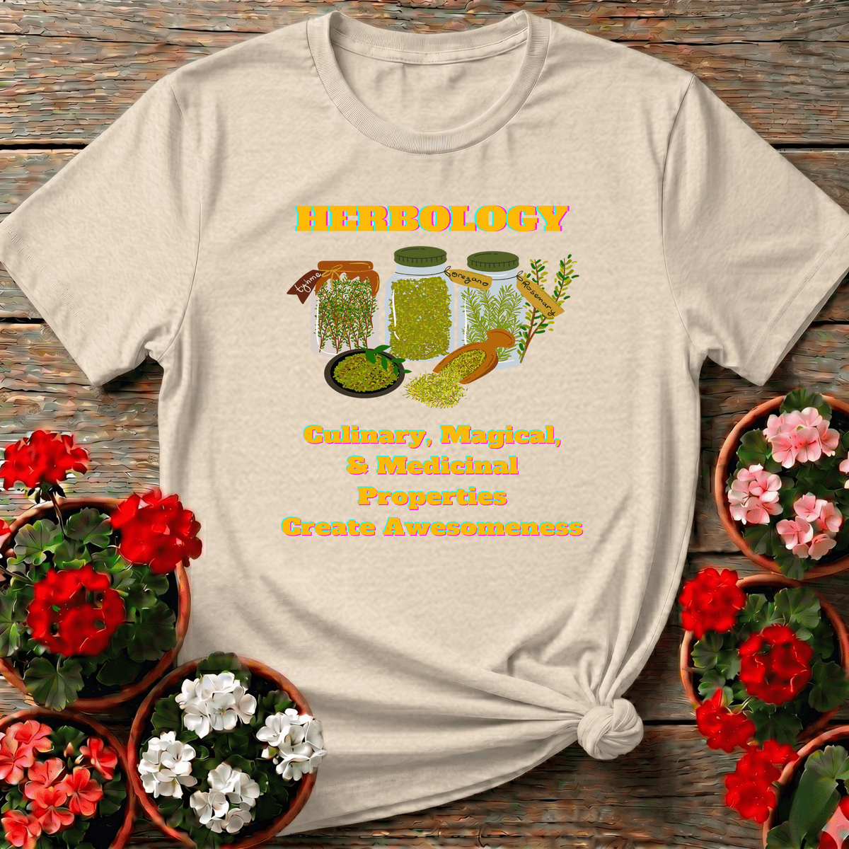 Natural warm retro herbology apparel with colorful herb jar illustration for culinary and magical herb gardeners