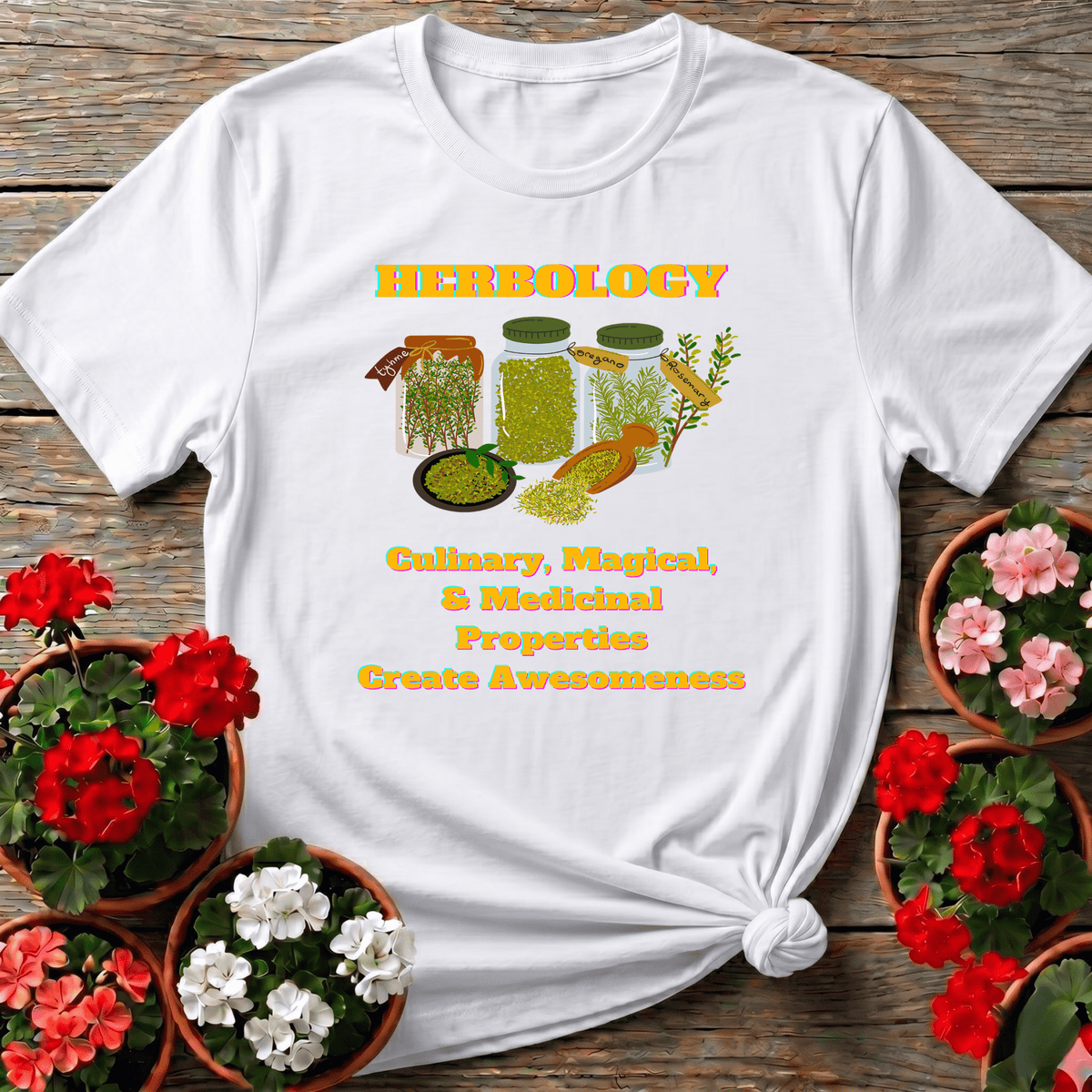 White bold colorful cottage herb gardening shirt with thyme oregano rosemary jars for herb lovers