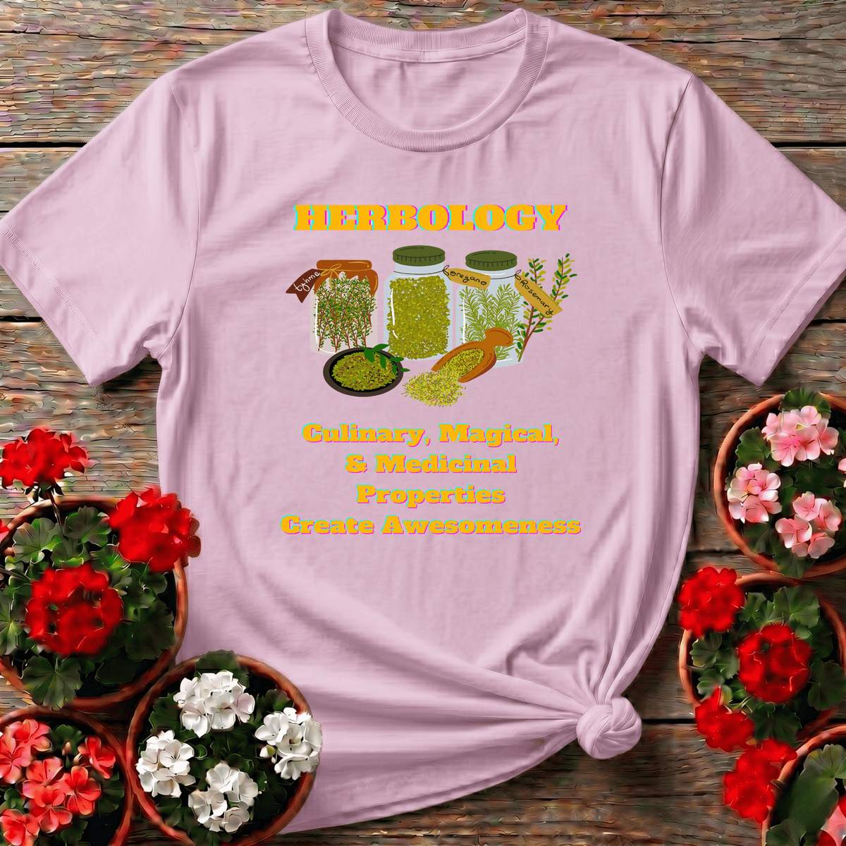 Light Pink cheerful witchy herb garden shirt with bold herbology lettering and rosemary thyme design for plant lovers