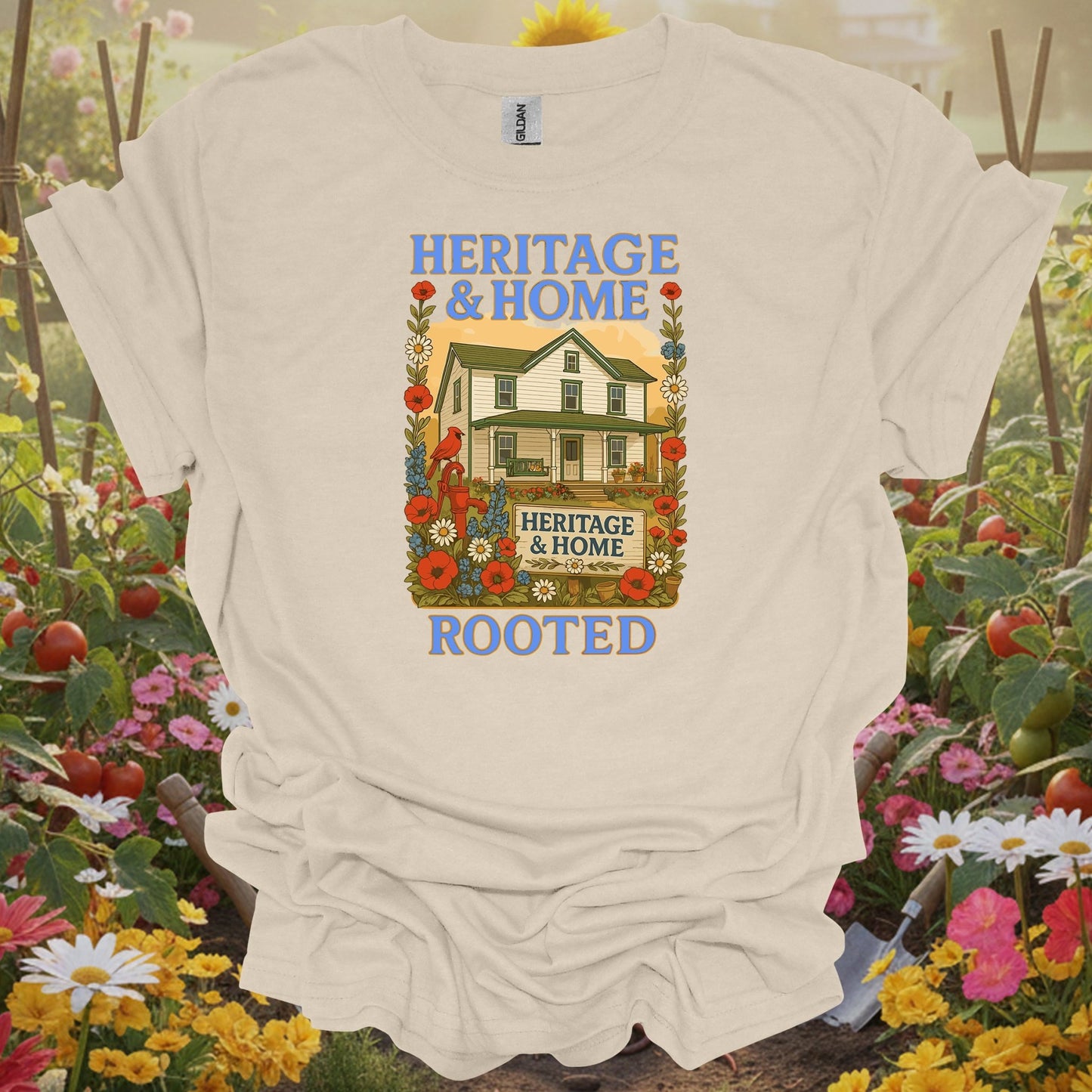 Natural tshirt showing a traditional poster aesthetic that honors the hardworking spirit of the productive landscape for biointensive gardeners maximizing yields