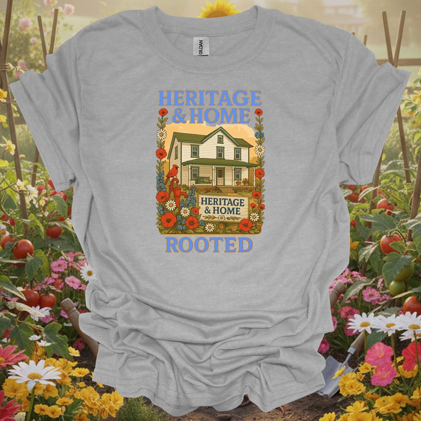 Sport gray tshirt showing a traditional poster aesthetic that honors the hardworking spirit of the productive landscape for biointensive gardeners maximizing yields