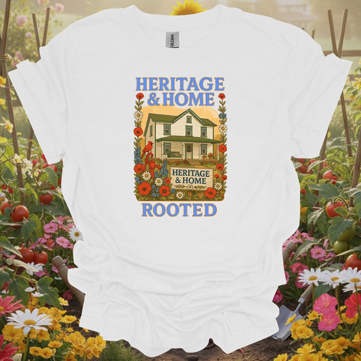 White tshirt showing a traditional poster aesthetic that honors the hardworking spirit of the productive landscape for biointensive gardeners maximizing yields