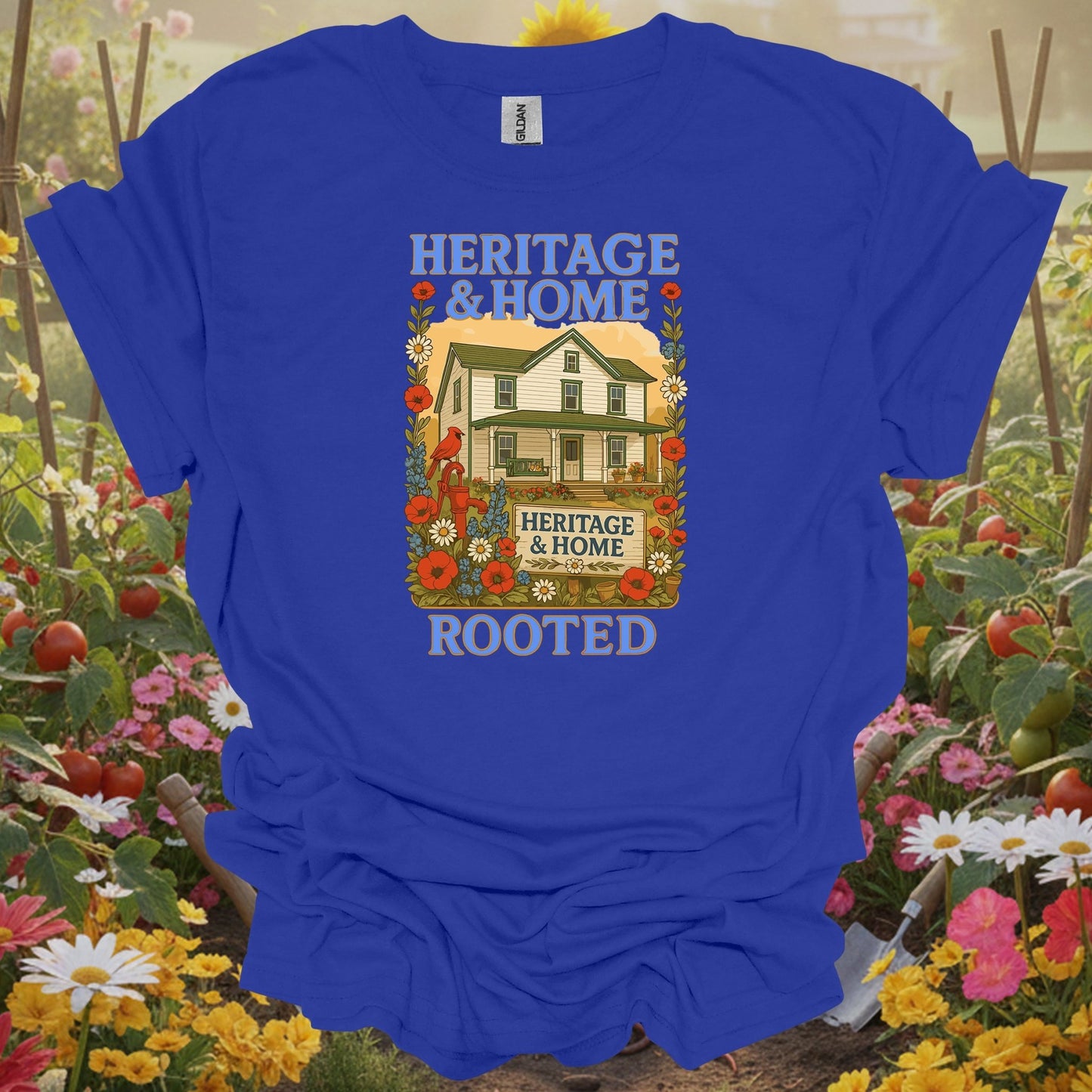 Royal tshirt showing a traditional poster aesthetic that honors the hardworking spirit of the productive landscape for biointensive gardeners maximizing yields