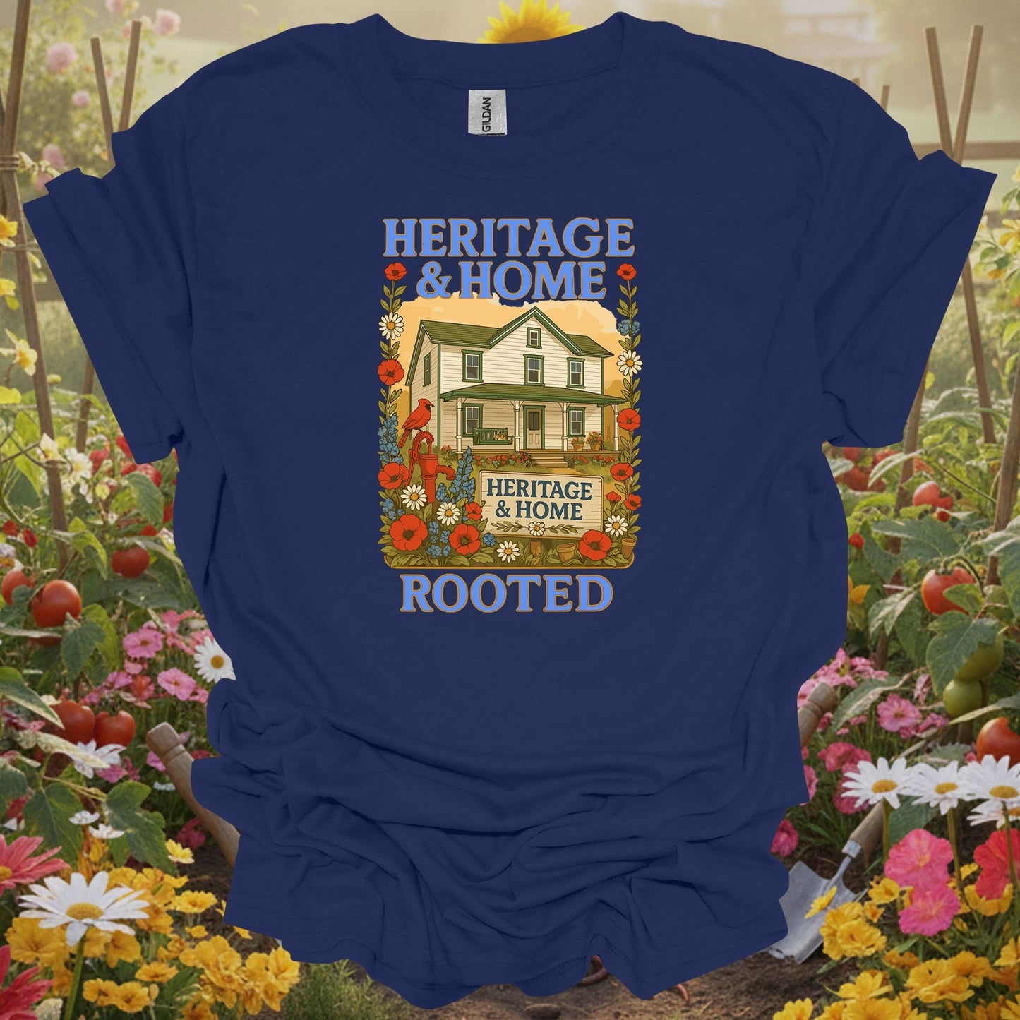 Navy tshirt showing a traditional poster aesthetic that honors the hardworking spirit of the productive landscape for biointensive gardeners maximizing yields