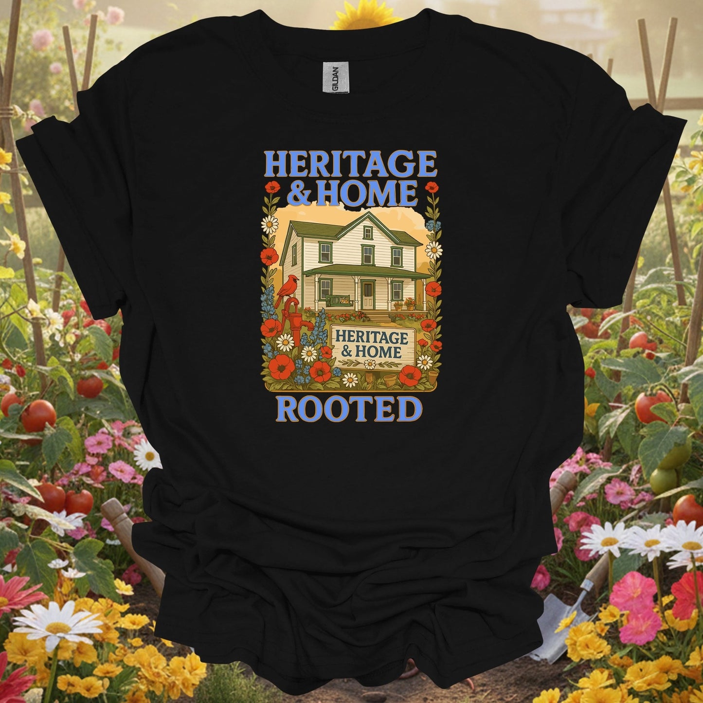 Black tshirt showing a traditional poster aesthetic that honors the hardworking spirit of the productive landscape for biointensive gardeners maximizing yields
