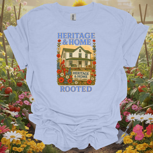 Light Blue tshirt showing a traditional poster aesthetic that honors the hardworking spirit of the productive landscape for biointensive gardeners maximizing yields