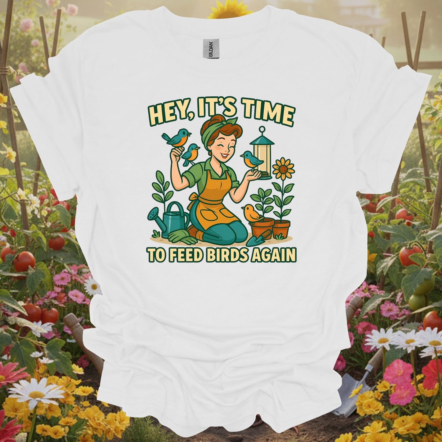 White tee showing hey its time to feed birds again retro for garden hobbyists