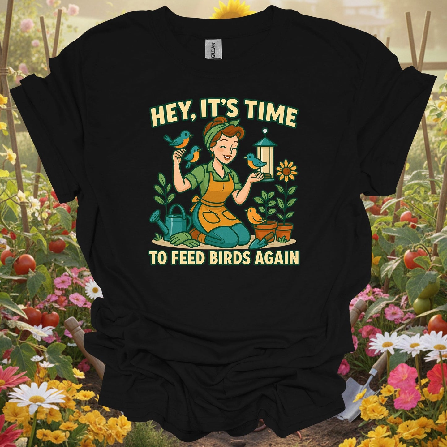 Black shirt showing hey its time to feed birds again retro for outdoor enthusiasts
