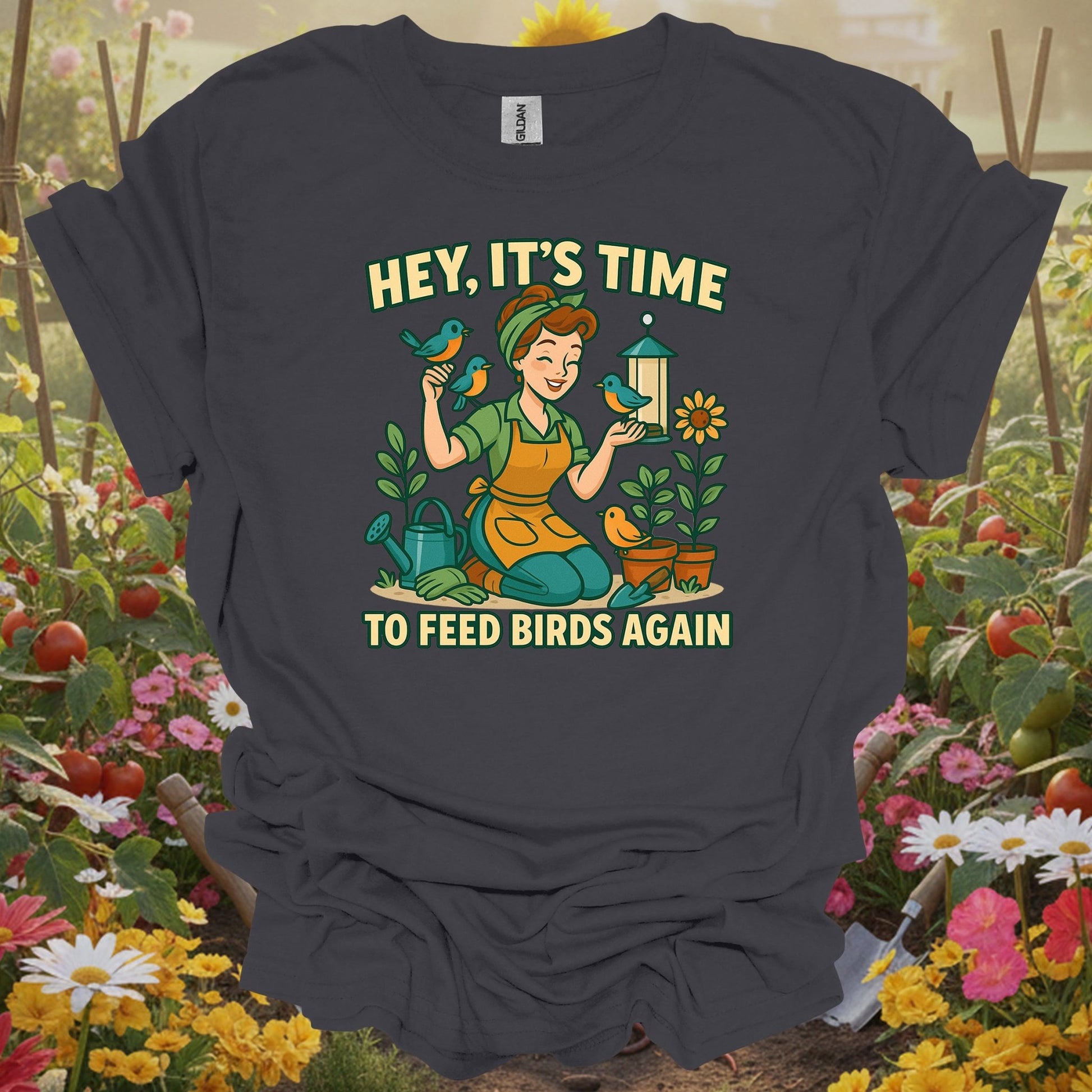 Charcoal tee showing hey its time to feed birds again retro for plant lovers
