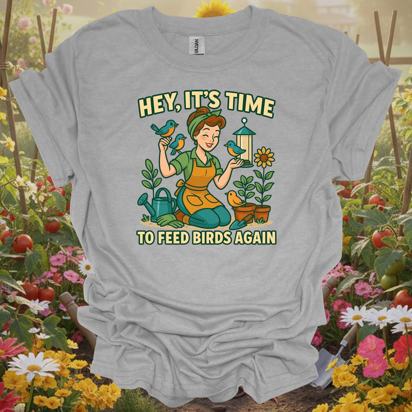 Sport Grey tshirt showing hey its time to feed birds again retro for gardening enthusiasts