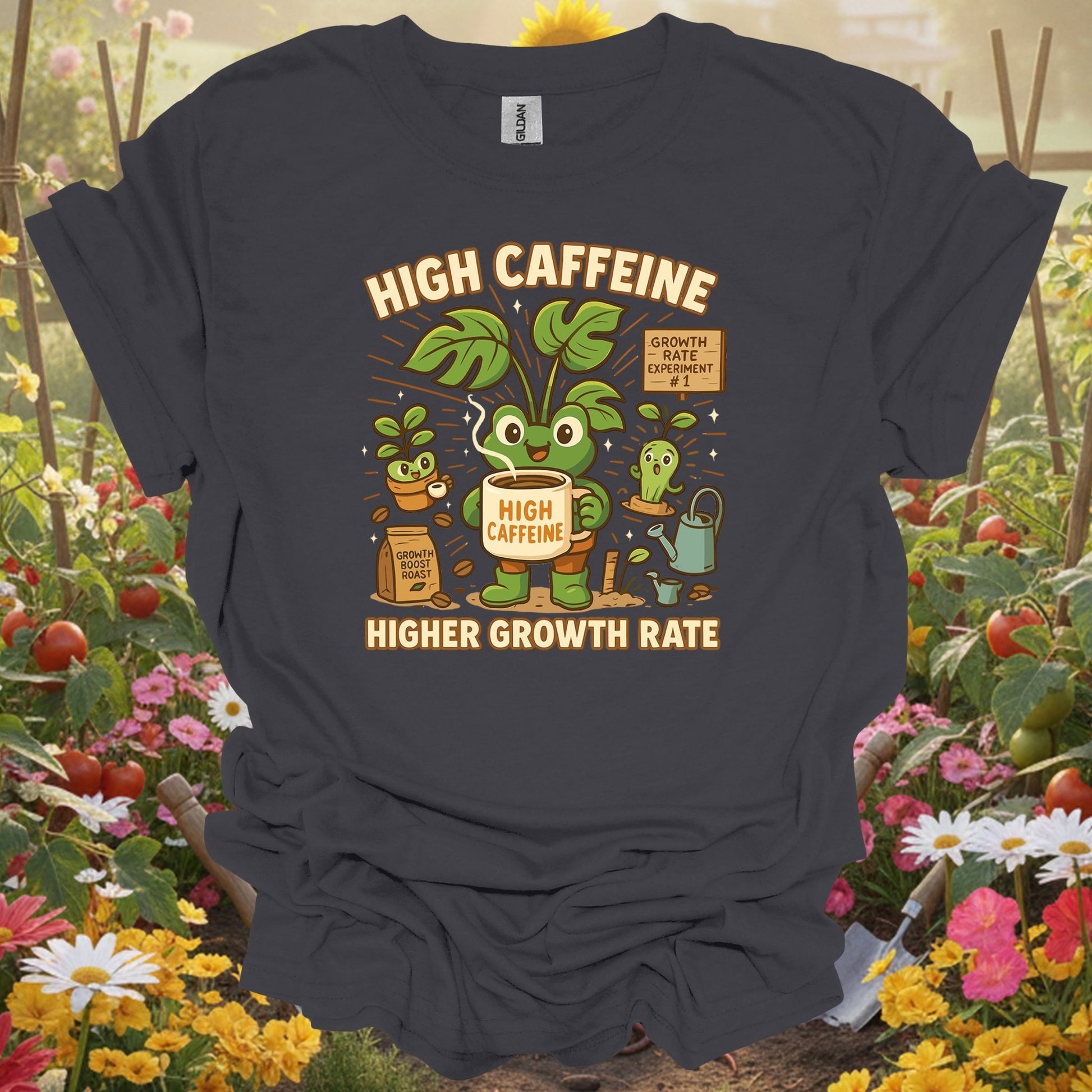 Charcoal tee showing high caffeine higher growth rate frog for plant lovers