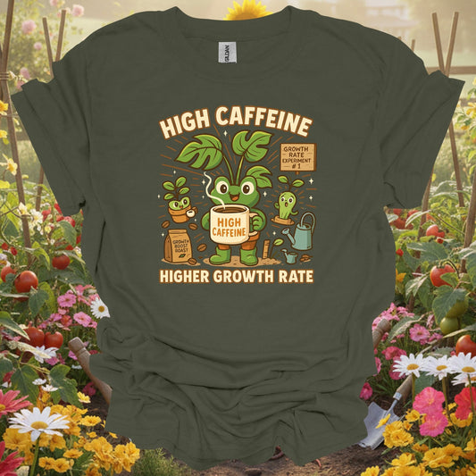 Military Green tshirt showing high caffeine higher growth rate frog for gardening enthusiasts