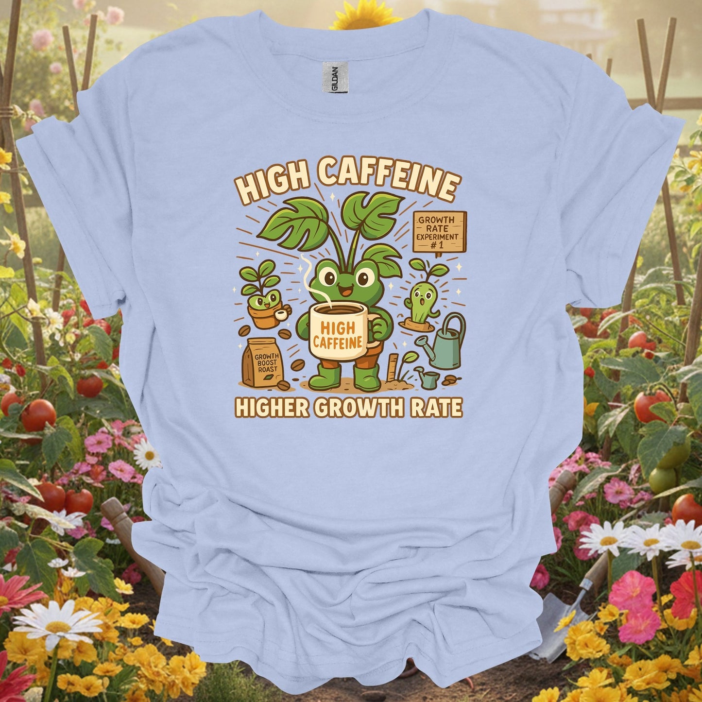 Light Blue shirt showing high caffeine higher growth rate frog for home gardeners