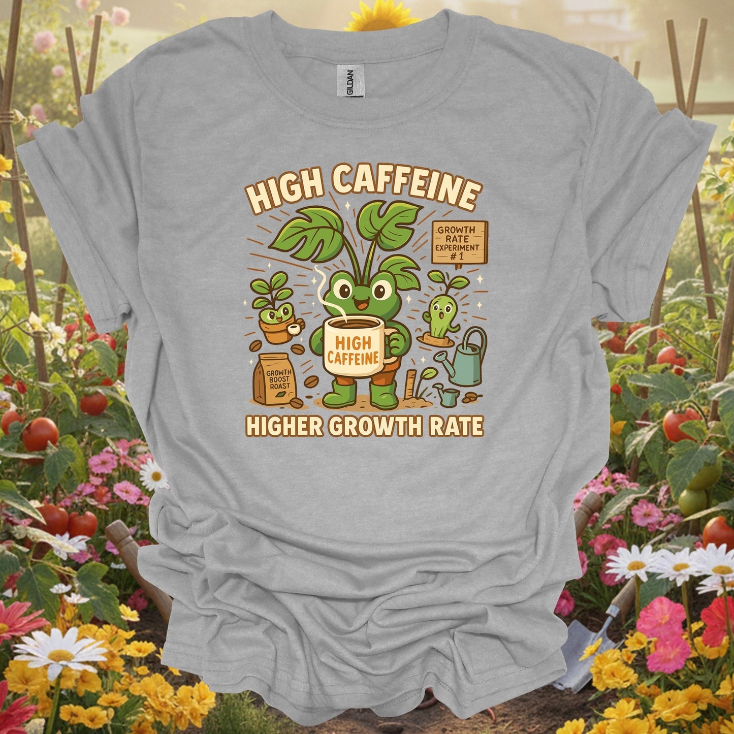 Sport Grey tee showing high caffeine higher growth rate frog for garden hobbyists