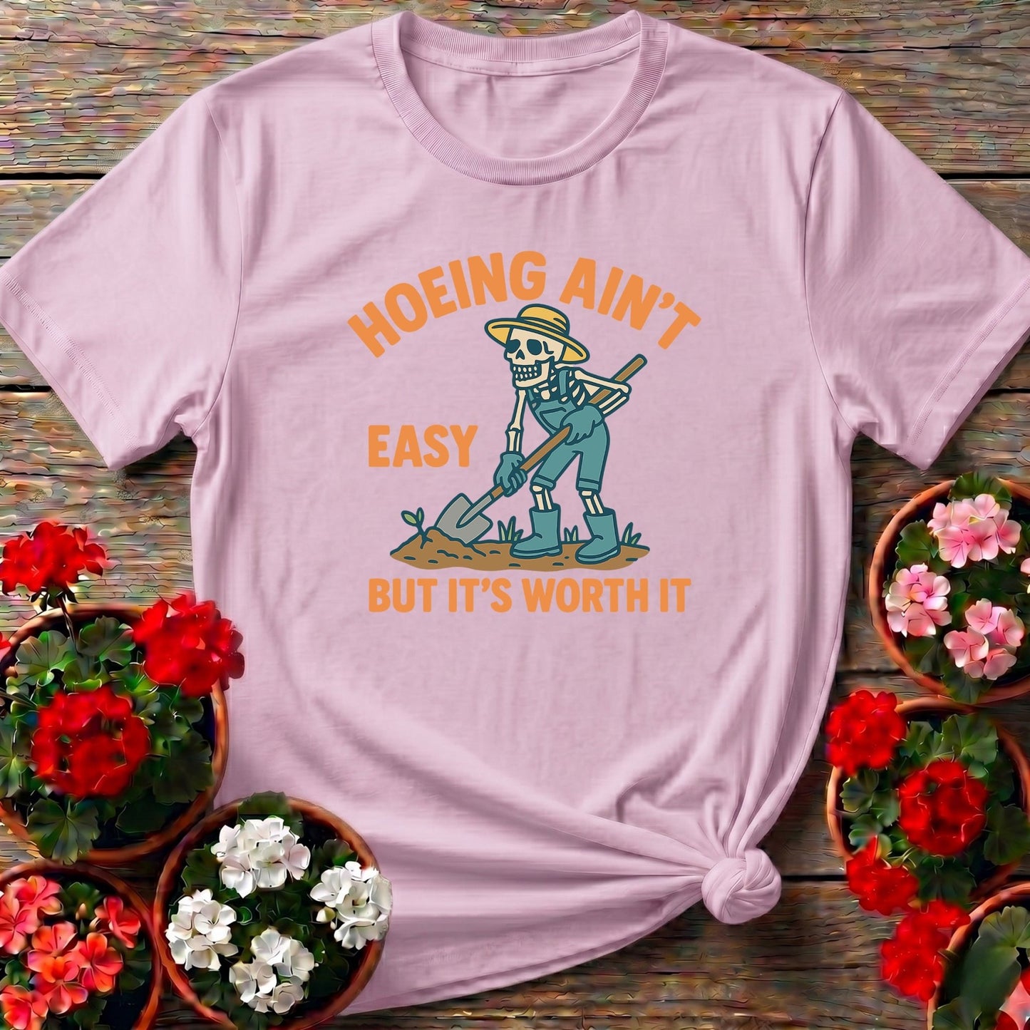 Hoeing Aint Easy Skeleton Gardener T-shirt - GardeningTshirts