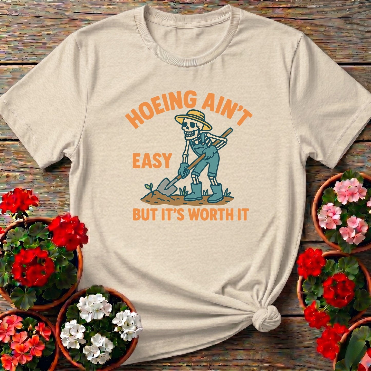 Hoeing Aint Easy Skeleton Gardener T-shirt - GardeningTshirts