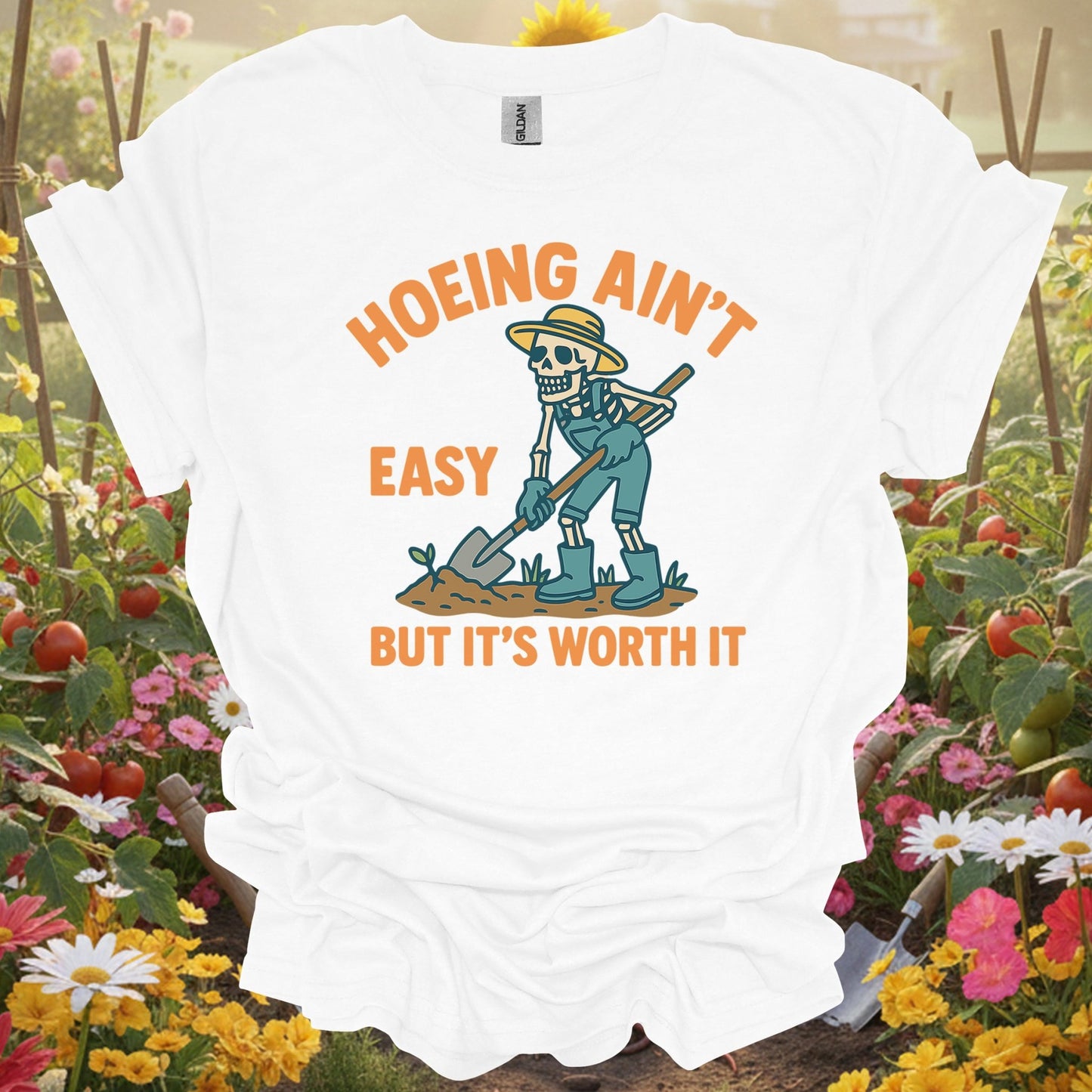 "Hoeing Ain't Easy" Skeleton Gardener T-Shirt - GardeningTshirts