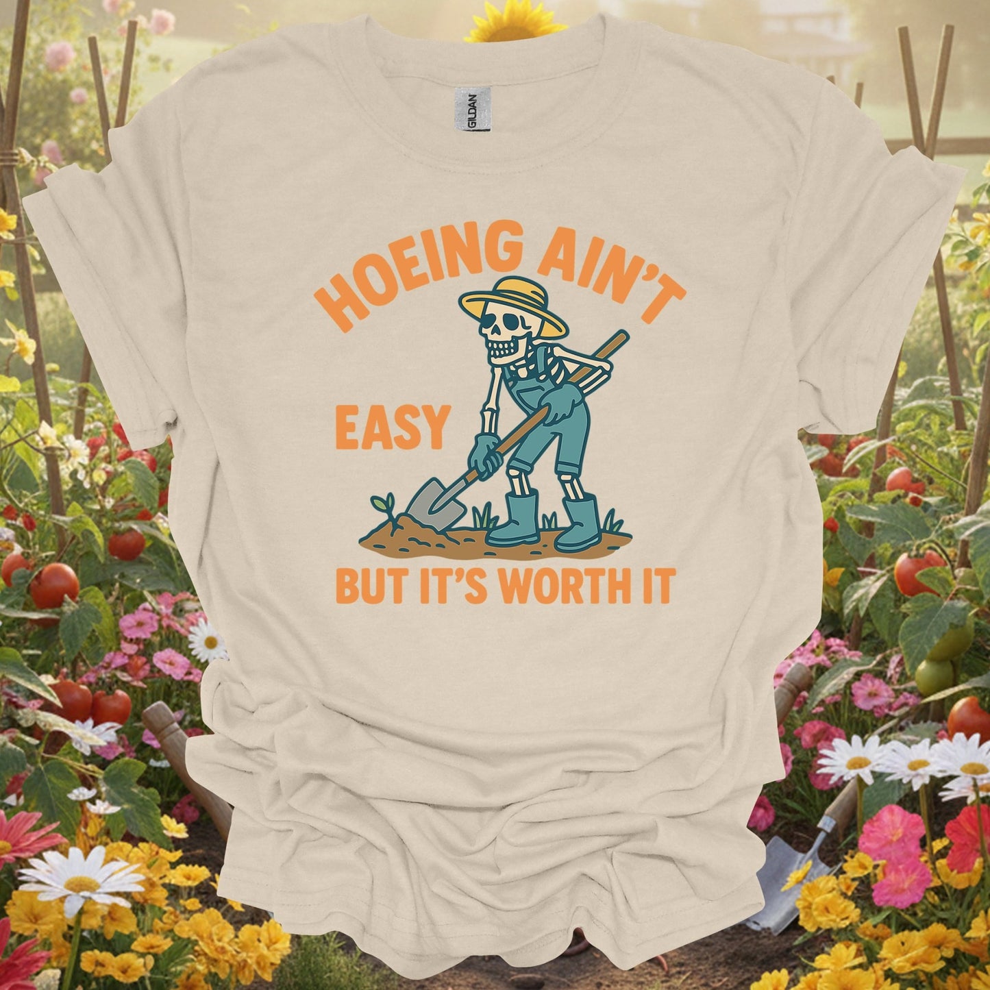 "Hoeing Ain't Easy" Skeleton Gardener T-Shirt - GardeningTshirts