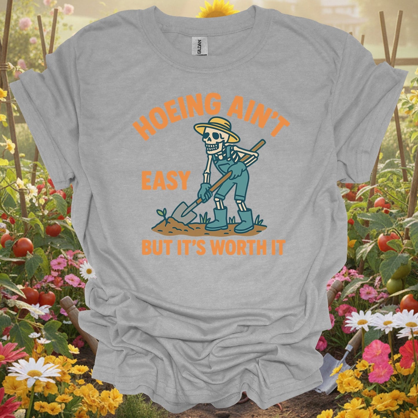 "Hoeing Ain't Easy" Skeleton Gardener T-Shirt - GardeningTshirts