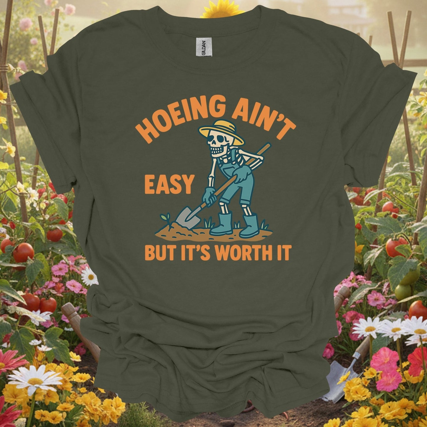 "Hoeing Ain't Easy" Skeleton Gardener T-Shirt - GardeningTshirts
