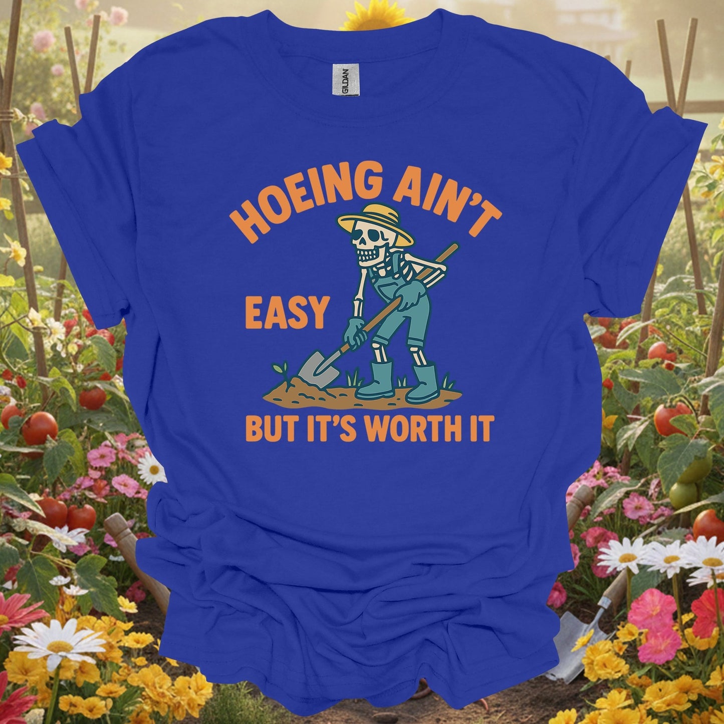 "Hoeing Ain't Easy" Skeleton Gardener T-Shirt - GardeningTshirts