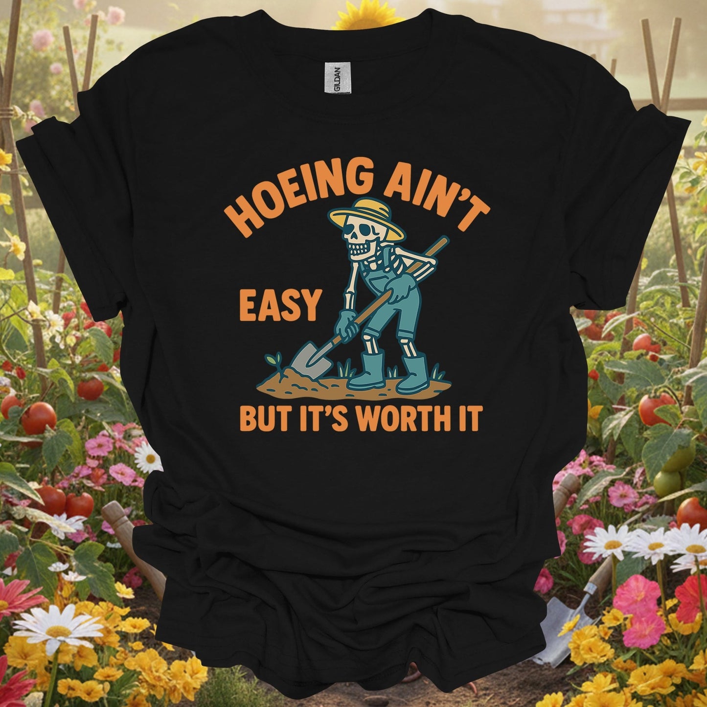 "Hoeing Ain't Easy" Skeleton Gardener T-Shirt - GardeningTshirts