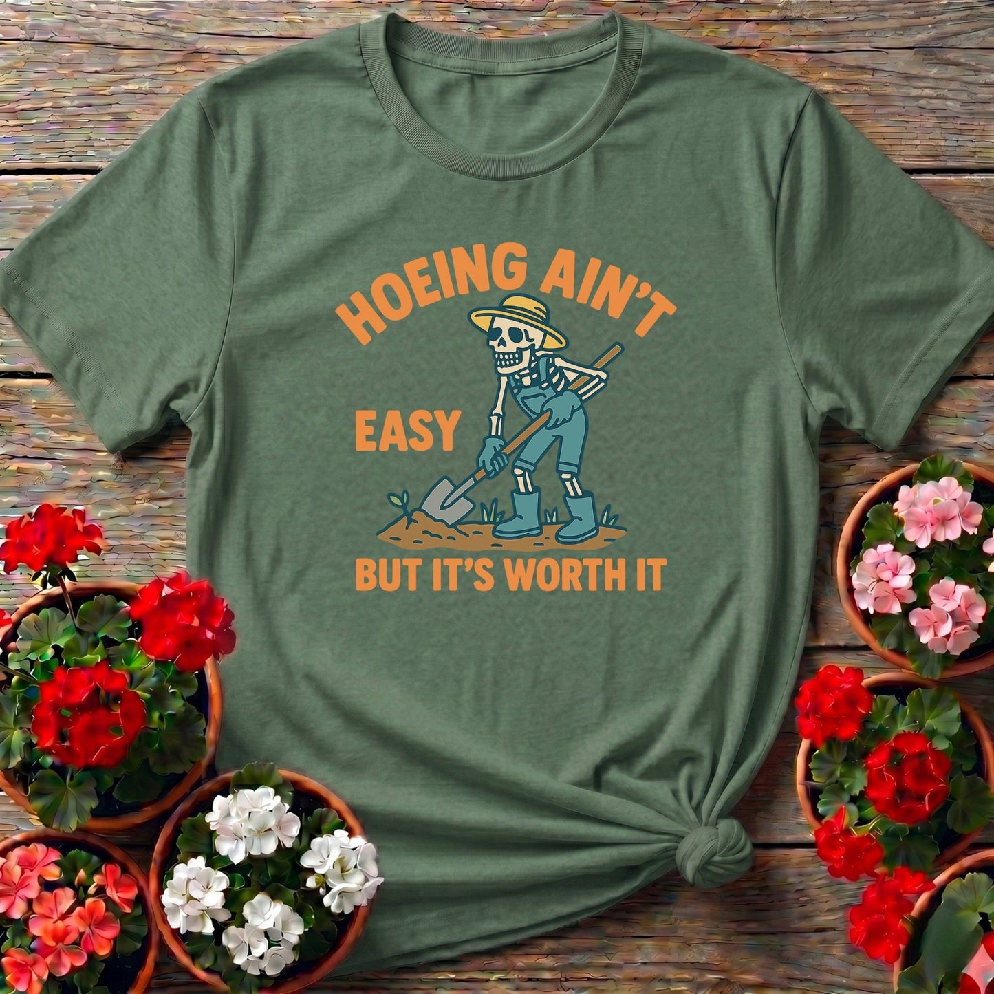 Hoeing Aint Easy Skeleton Gardener T-shirt - GardeningTshirts