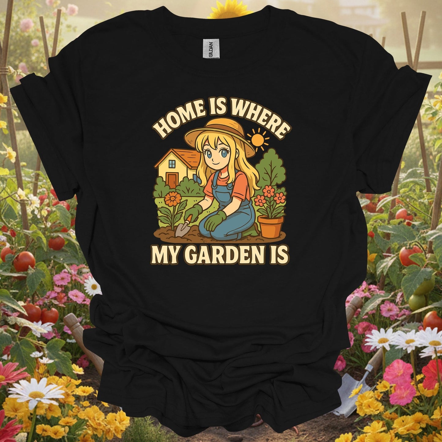 Black shirt showing home is where my garden is anime for outdoor enthusiasts