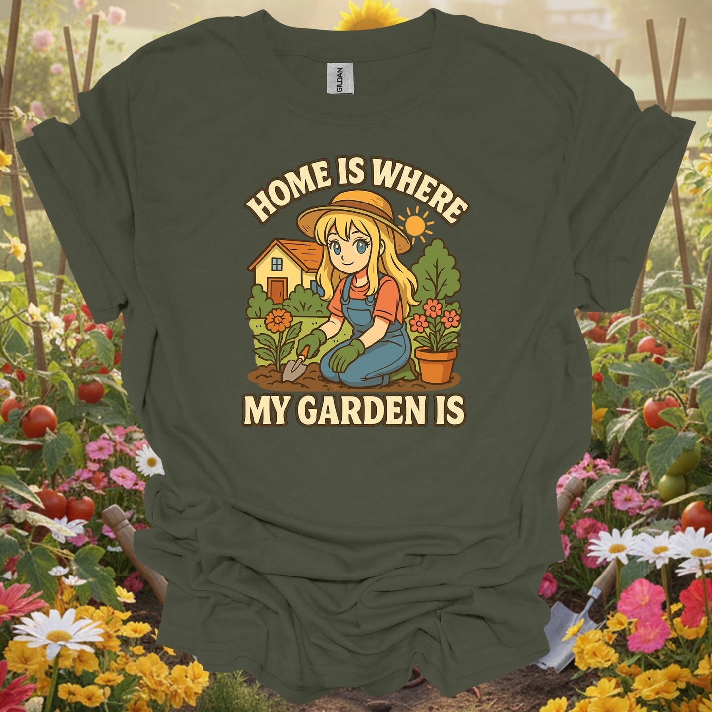 Military Green top showing home is where my garden is anime for nature lovers