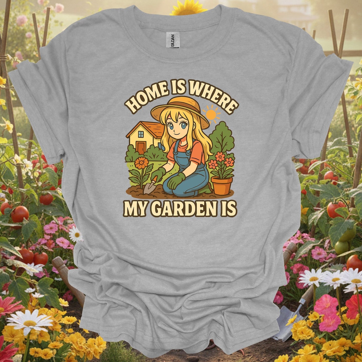 Sport Grey tee showing home is where my garden is anime for garden hobbyists