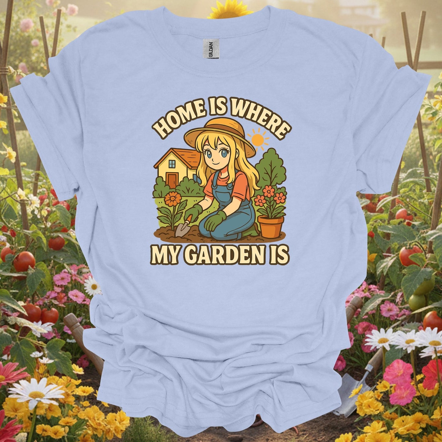 Light Blue shirt showing home is where my garden is anime for home gardeners