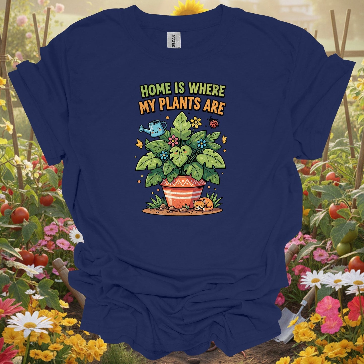 Navy shirt showing home is where my plants are cute for home gardeners