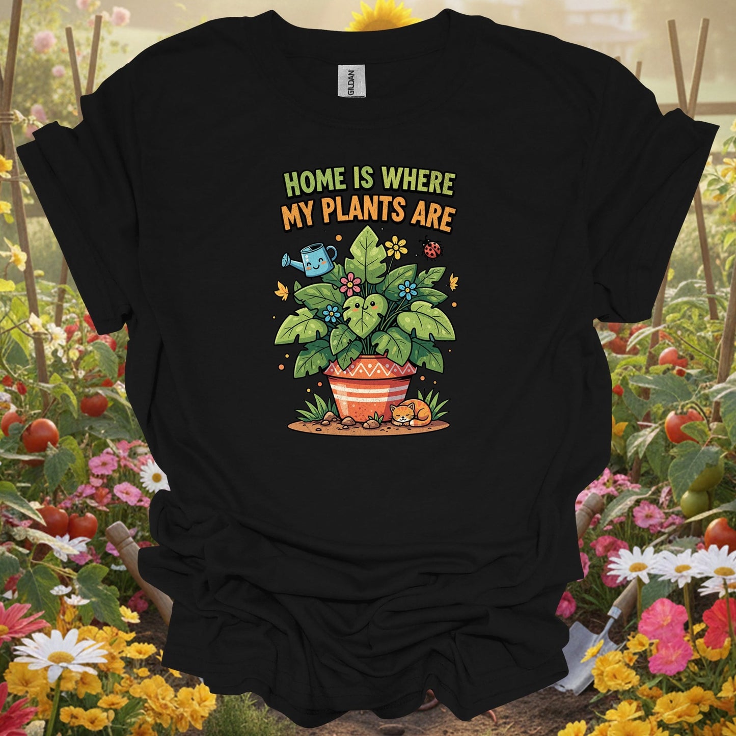 Black shirt showing home is where my plants are cute for outdoor enthusiasts